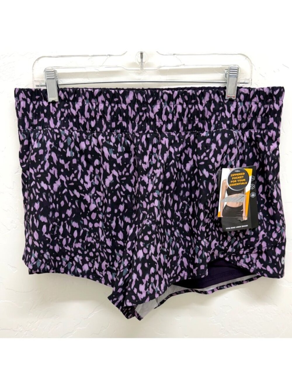 AVIA Biker Liner Athletic Shorts – Purple & Blue Print, Zipper Pocket Women’s L